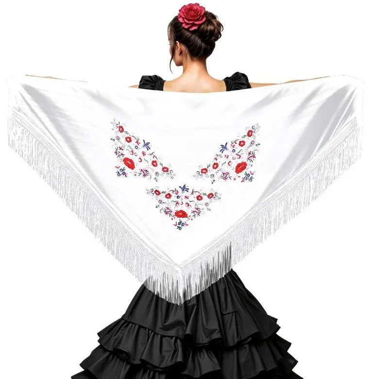 Mantón de Sevillana o Chulapa Blanco con Bordado Sevillanas Partilandia